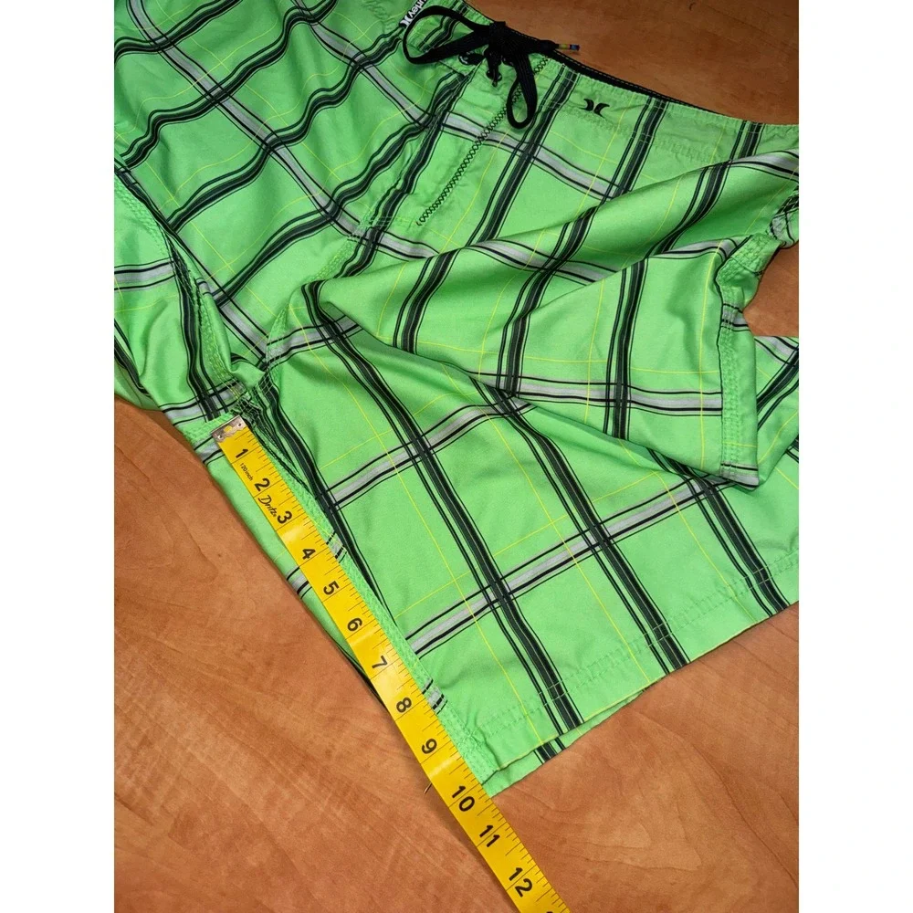 Hurley Mens Board Shorts Lime Green Plaid Swim Trunks Cargo Pocket Size 36
